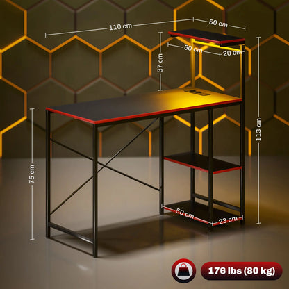 Gaming-Schreibtisch aus Kohlefaser mit LED-Leuchten, 110 x 50 cm, Steckdosen, Regalen und Fernbedienung, Schwarz