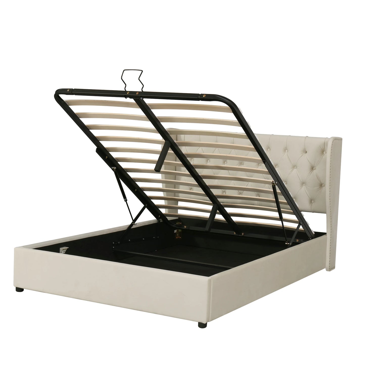 Polsterbett hydraulische 140x200cm, Doppelbett mit Lattenrost, Stauraum, Ohrenform, Knopfnähte, Samtstoff, beige, ohne Matratze