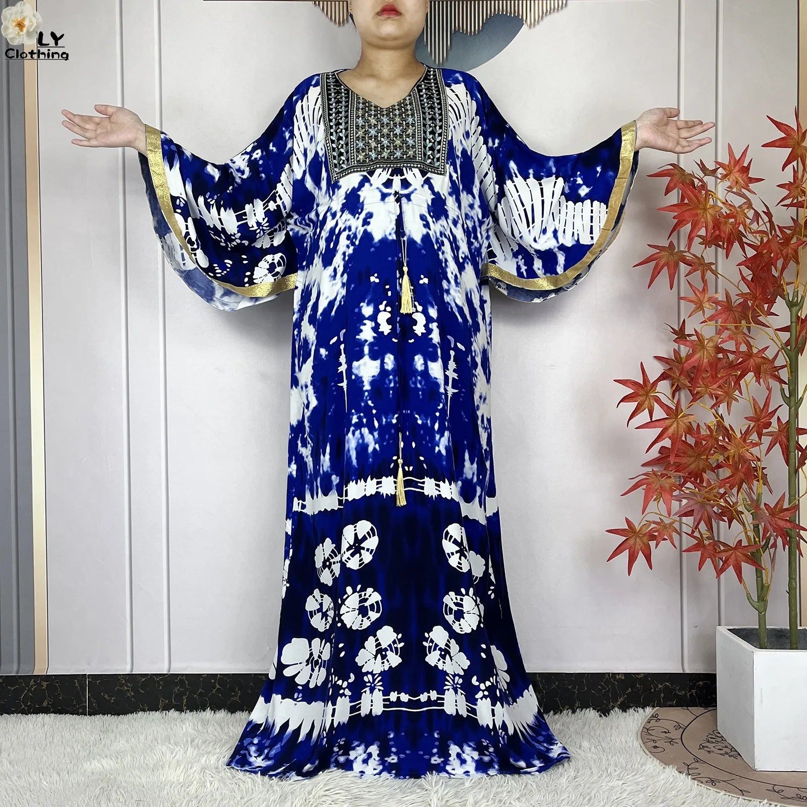2025 New African Abaya For Women Dress Loose Batwing Sleeve Pockets High-quality Tie-dye Pure Cotton Fabric Women Islam Clothing.