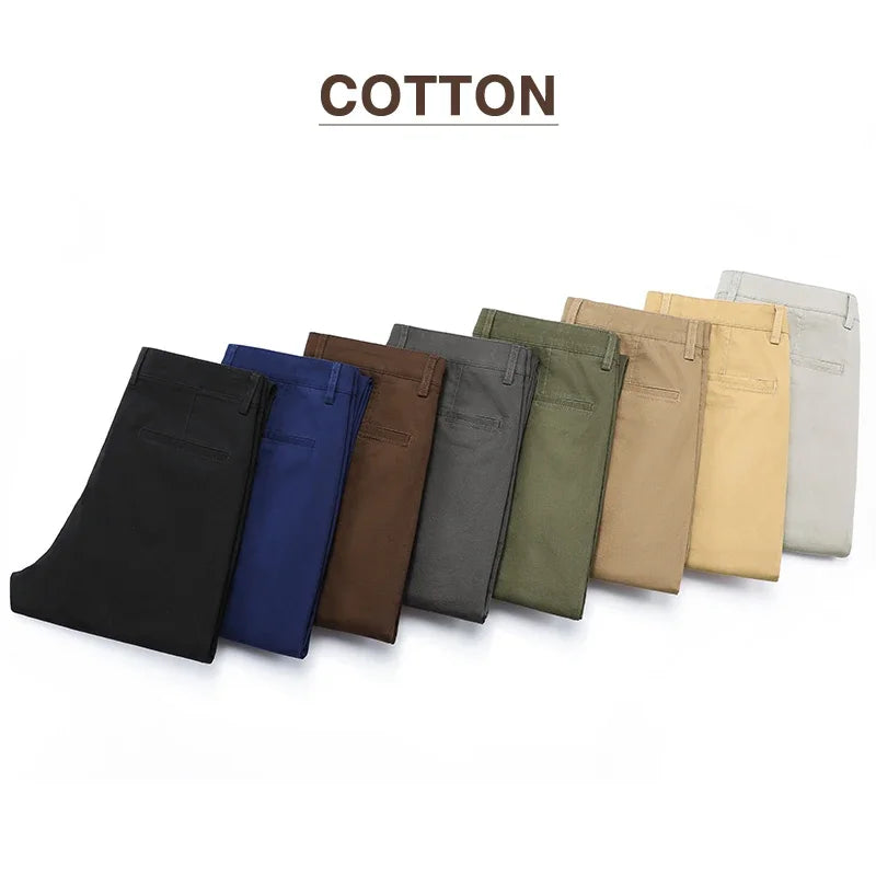 97% Cotton Men's Casual Pants Autumn Fashion Comfortable Elastic Slim Straight Business Trousers Black ArmyGreen Khaki.