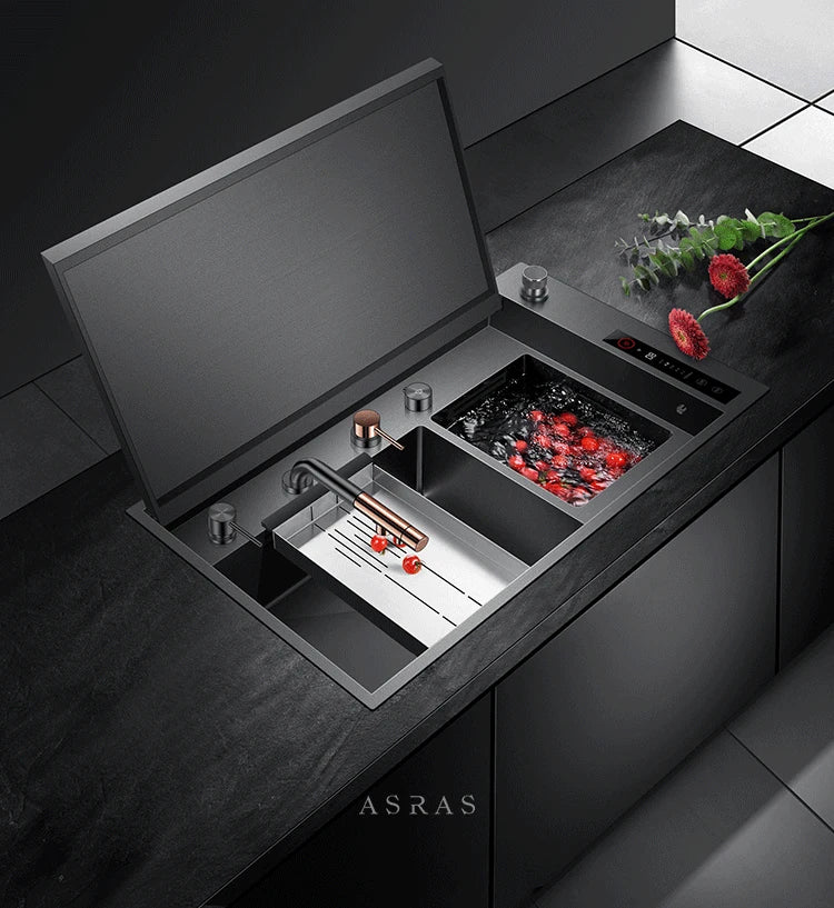 ASRAS Hidden Double Sinks Smart Purifying Kitchen Island Sinks Flip Cover Hidden 4mm Thickness Handmade kitchen Sinks