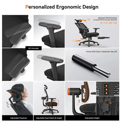 NEWTRAL MagicH-BP Ergonomischer Stuhl mit Fußstütze, automatisch ausgestellte Rückenlehne, adaptive Unterrückenstütze, verstellbare Armlehne, Kopfstütze