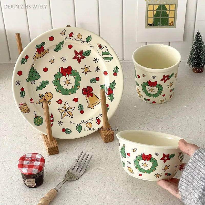 Cute Ceramic Plates Christmas Party Desserts Cake Plates Children's Breakfast Milk Cups Household Kitchen Ceramic Noodle Bowls.
