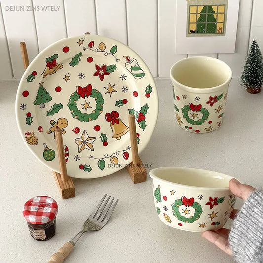 Cute Ceramic Plates Christmas Party Desserts Cake Plates Children's Breakfast Milk Cups Household Kitchen Ceramic Noodle Bowls.