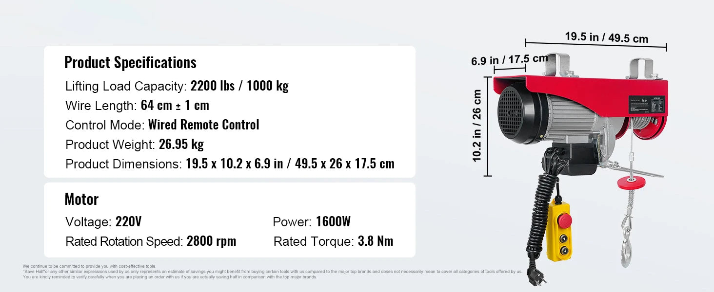 SucceBuy 880/1760/2640lbs Wired Electric Hoist with 40ft Lifting Height & Pure Copper Motor Electric Steel Wire Winch for Garage.