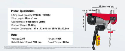 SucceBuy 880/1760/2640lbs Wired Electric Hoist with 40ft Lifting Height & Pure Copper Motor Electric Steel Wire Winch for Garage.