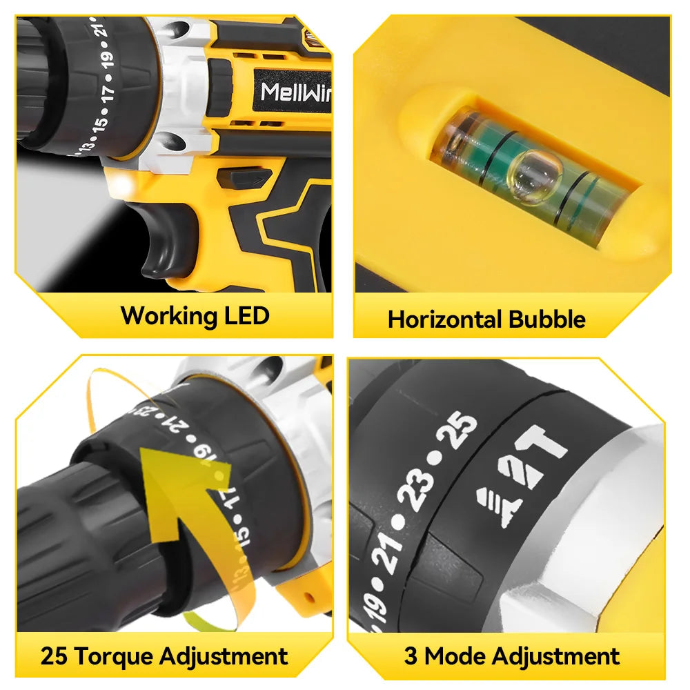 MELLWIN 25 + 3 Drehmoment Elektrische Schlagbohrmaschine Werkzeug Set 3 Modus 2 Gang Geschwindigkeit Akkuschrauber Elektrowerkzeug Für 21 V Batterie