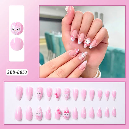 24Pcs Long Square Pink Hello Kitty False Nails French Wearable Full Cover Fake Nails Kitty Cat Bow Heart Design Press On Nails.