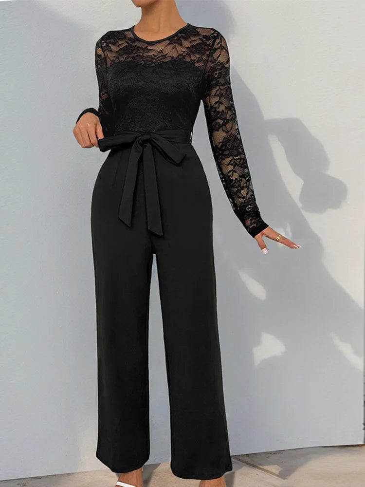 Drauuing Sexy Lace Patchwork Hollow Out Jumpsuits Casual Women Round Neck Black Rompers Lady Solid Office Slim Pants With Sashes.