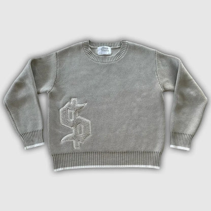 Y2K Grey Long Sleeve Sweater Dollar Gothic Embroidery Pullover Goth Retro Casual Streetwear Old Money Men Boxy Knitted Clothing.