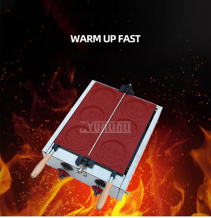 Commercial Non-Stick Pan Waffle Maker Set of 4 Gas Gold Coin Waffle Mold Baking Snack Maker Machine for Kitchen.