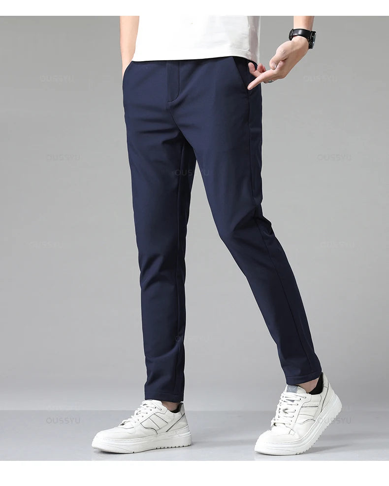Autumn Winter Casual Pants Men Thick Business Stretch Slim Elastic Waist Jogger Korean Classic Black Gray Blue Trouser Male.