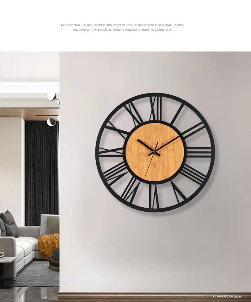 3D Große Wanduhren Nordic Römischen Ziffern Retro Runde Holz Metall Eisen Genaue Stille Hängende Ornament Wohnzimmer Dekoration