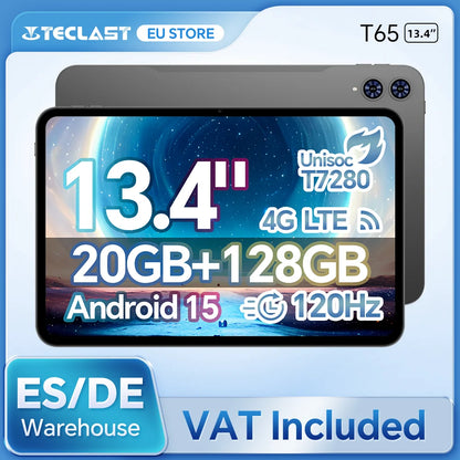 Teclast T65 13.4 inch Android 15 Tablet 1920x1200 120Hz T7280 8-Core Max 20GB RAM(8GB+12GB Expansion) 128GB ROM 4G LTE 8000mAh.