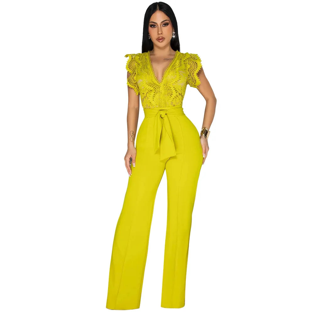 Summer Fashion Lace High Waisted Jumpsuit Women Elegant OL Lace Sleeveless Waistband Straight Jumpsuit Women