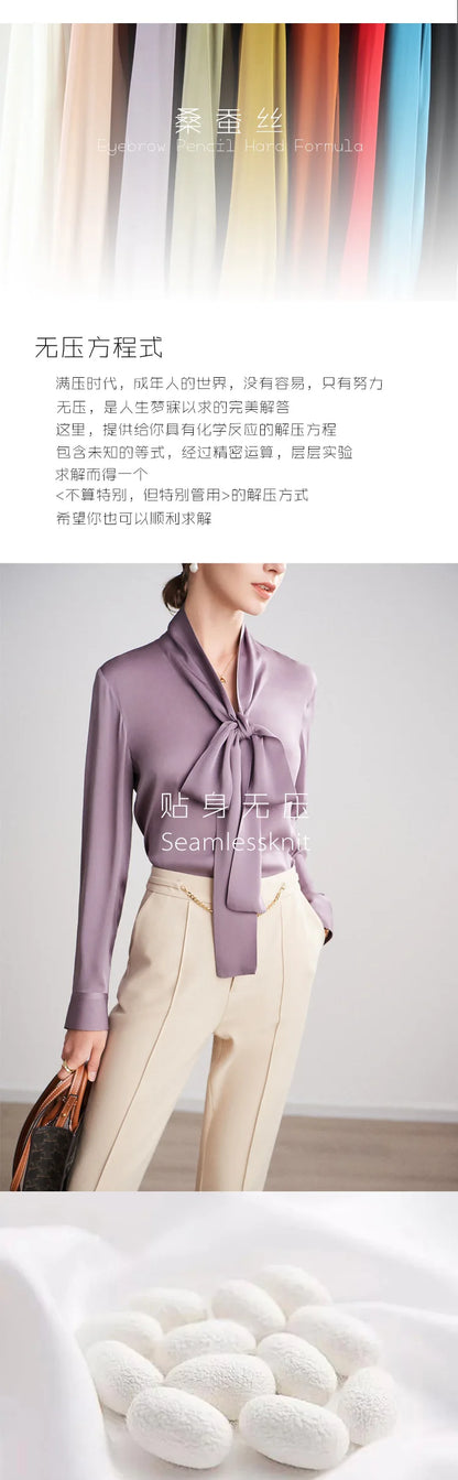 Silk Shirt Women's Thick Temperament Streamer 2025 Spring and Summer New Mulberry Silk Lace-up Design Shirt Long-sleeved Top.