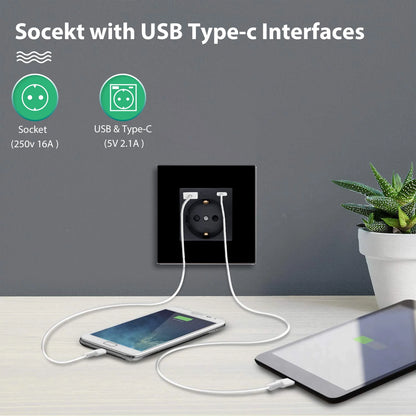 Bseed eu Standard Wand steckdosen Typ-C-Steckdosen Wand steckdose USB-Ladeans chluss Glasscheibe Kinderschutz 16a.