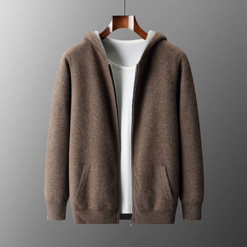 Autumn Winter Pure Cashmere Sweater Double-sided Cardigan Men's Casual Zipper Thickened Cashmere Knitted Hooded Sweater Coat.