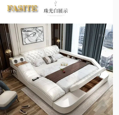 Premium Tech Smart Multifunktions-Bettgestell mit echtem Leder, Bluetooth-Lautsprecher