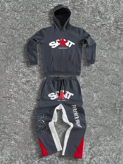 Two-piece black suit Y2K fashion pattern hoodie men clothing Harajuku Gothic women chic sports pants couple suit sportswear.