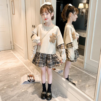3-14 Years Teenager Girls Outfits Cute Bear Sweatshirt + Plaid Skirt 2Pcs Suit For Girls Birthday Present Children Clothing Sets.