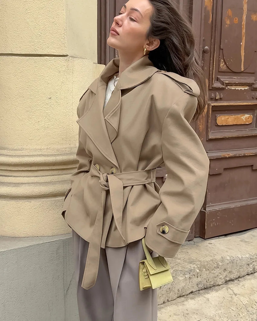 2025 Women Fall Lace-up Cropped Trench Coat Fashion Lapel Long Sleeves Wide Shoulder Windbreaker Jacket Commuting Daily Jackets
