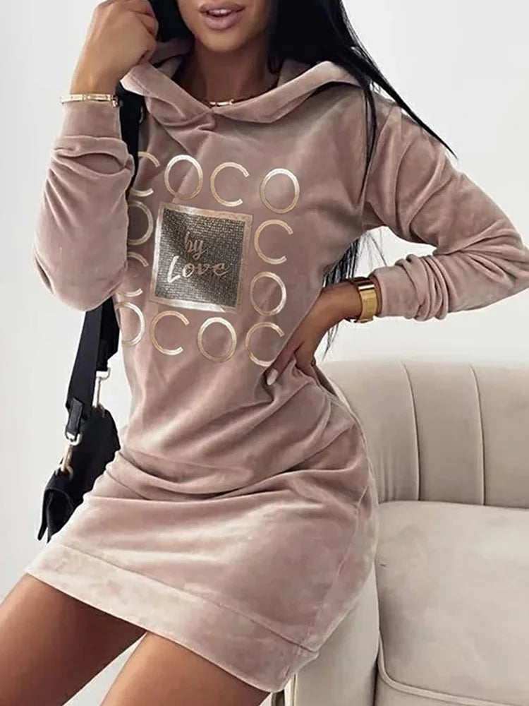 Women Long Sweater Dresses LOVE Print Hooded Loose High Collar Sweatshirts Long Sleeve Pullover Fall Winter Y2K Street Style Top.