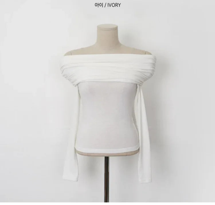 Korean Dongdaemun Spring Summer New Style Elegant One Shoulder Pleated Thin Long Sleeve Slimming Fit Cotton T-Shirt.