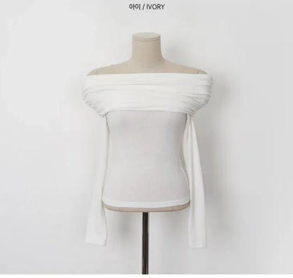 Korean Dongdaemun Spring Summer New Style Elegant One Shoulder Pleated Thin Long Sleeve Slimming Fit Cotton T-Shirt.