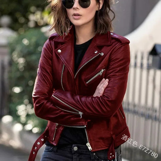 Damen Ledermantel Damen Kurz Slim-Fit Neue Biker Lederjacke Winter Herbst Lederjacken Mäntel