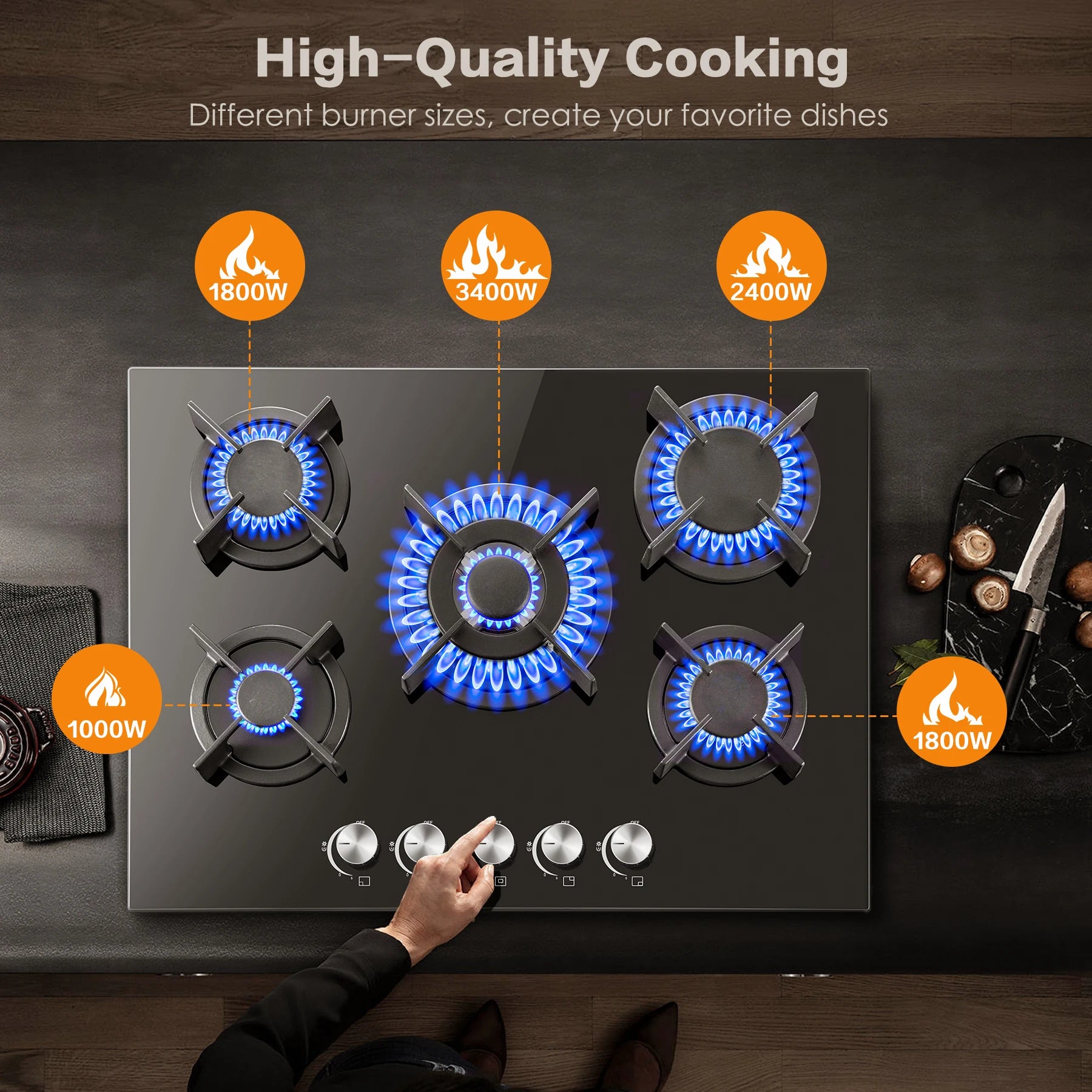 5 Burners 70 cm Glass with Automatic Flame Protection, Natural Gas Propane Gas, Built-in Gas Hob.