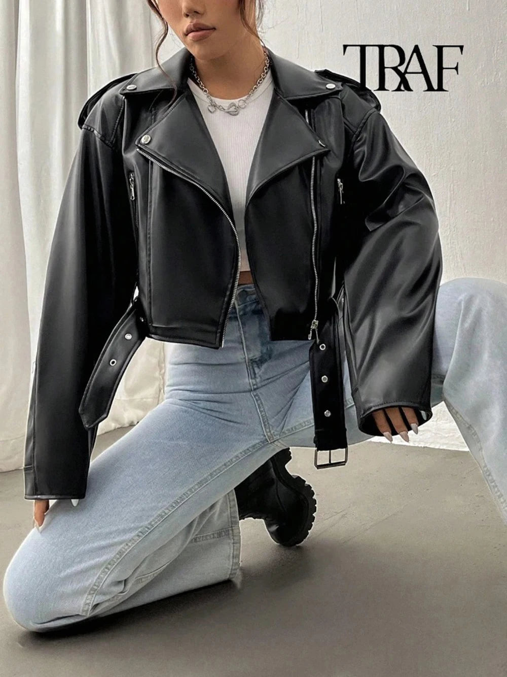 TRAF Damen Vintage lose Lederjacke Gürtel Schulter Abzeichen Zip Revers Jacke Handsome Washed Leder Motorrad Kleidung