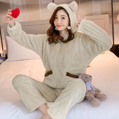Verdickte warme Flanell Herbst und Winter Frauen Cartoon Plüsch mit Kapuze Bär Nachtwäsche Loungewear zweiteilige solide Nachtwäsche Homewe.