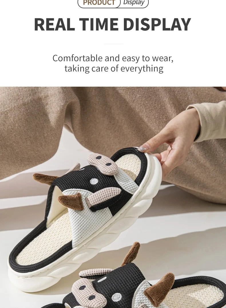 Shevalues Plush Cartoon Milk Cow Slippers Winter Women Slippers Furry Non-Slips Women Cotton Slides Couples Soft Cozy Flat Shoes