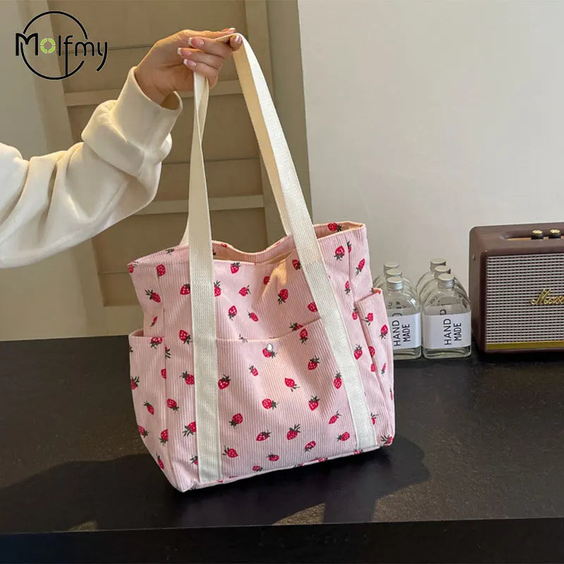 Strawberries Corduroy Handbag Sweet Women's Bag Fashionable Versatile Shoulder Bag Beautiful Simple Commuter Women's Tote Bags.