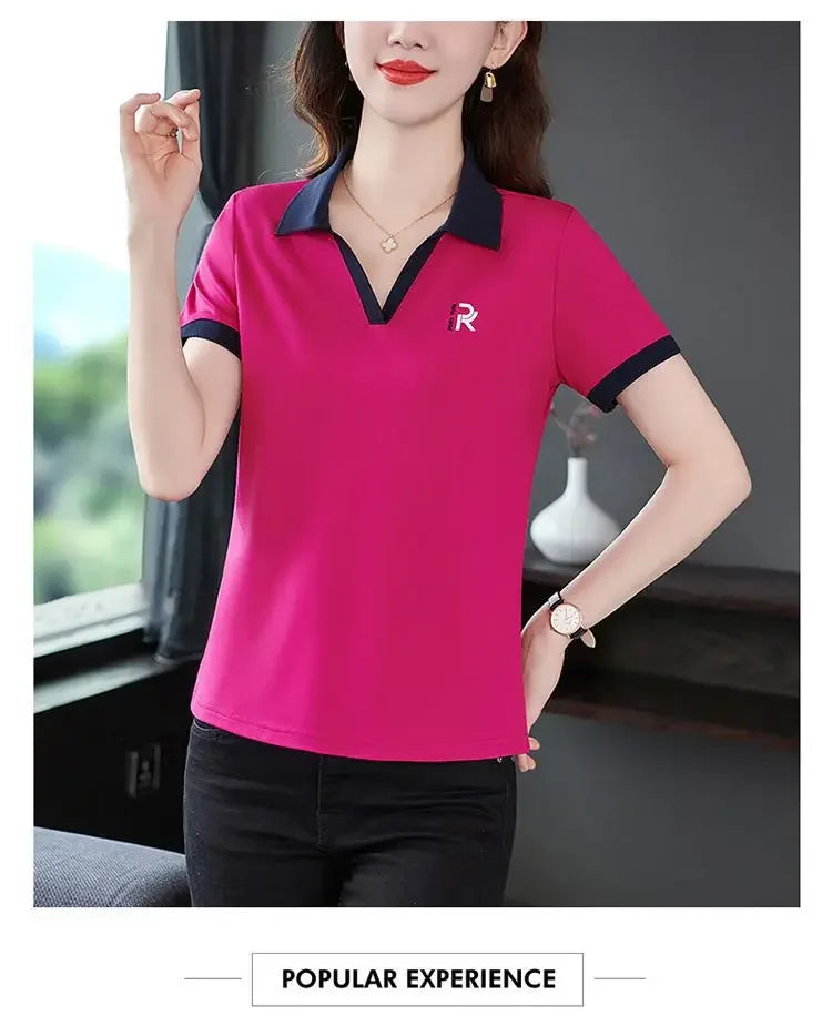 Women's Slim Fit Polo Shirt Short Sleeve T-Shirt Casual Sporty Loose Fashionable Summer Top Turn-down Collar Comfortable.