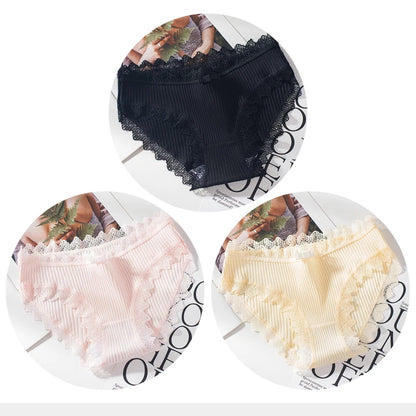 Cotton Panties Woman Sexy Lace Briefs Fashion Solid Color knickers Girls Bow Underpants Set Underwear 3 Pcs/lot.