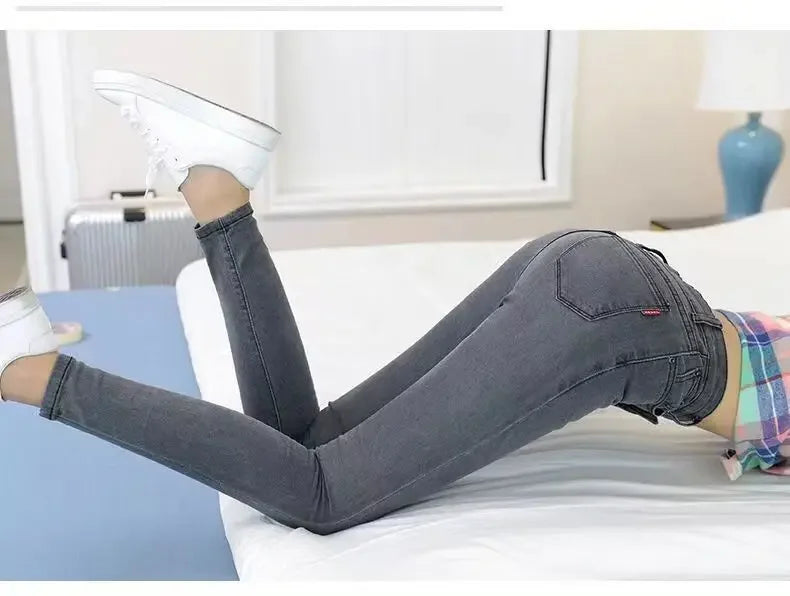 High Waist Slim Fit Women's Jeans High Elasticity Spring Autumn Black Pencil Pants Korean Style plus Size Body Shaping.