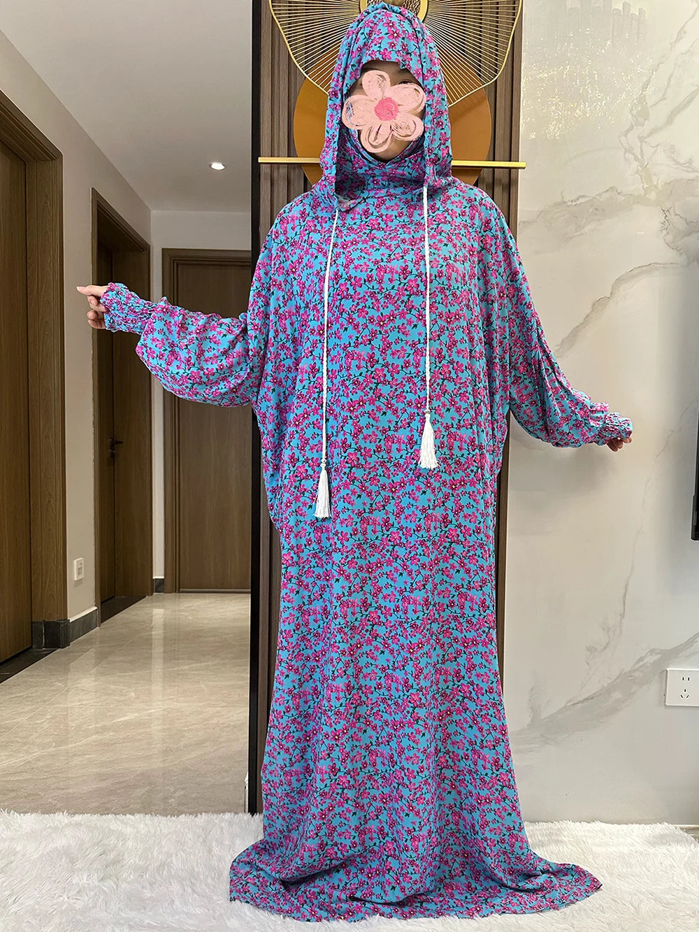 New Ramadan Muslim Two Hats Abaya Dubai Turkey Islam Prayer Clothes Floral Cotton Long Dress Islam Women Dress Kaftan.