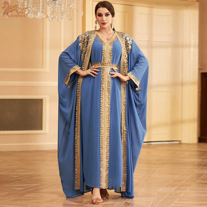 Ramadan Sequins Dubai Abayas Arab Tunics Batwing Sleeve Dresses For Women Gala Two pieces Moroccan Elegant Kebaya.