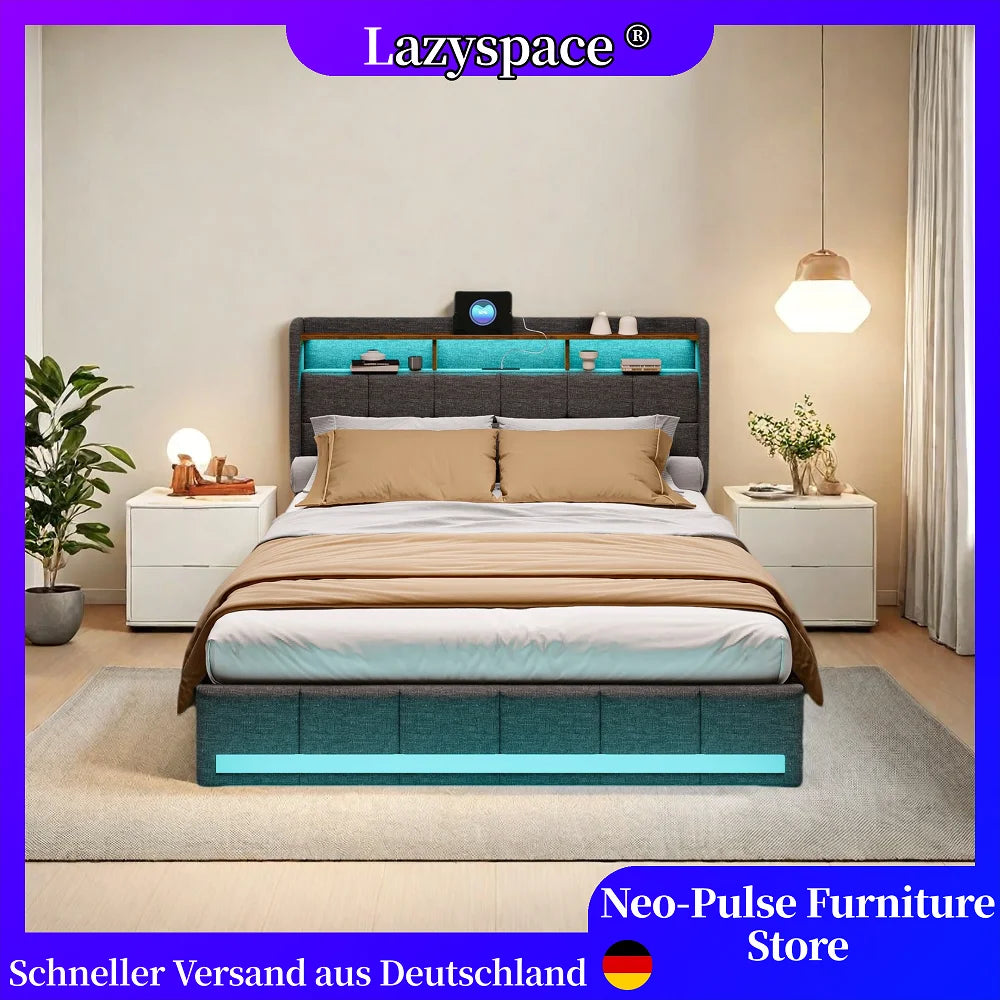 Lazyspace Bettgestell aus Leinen mit Stauraum, gepolstertes Bett mit 4 Schubladen, LED-Licht und USB-Aufladung vom Typ C, Schlafzimmermöbel