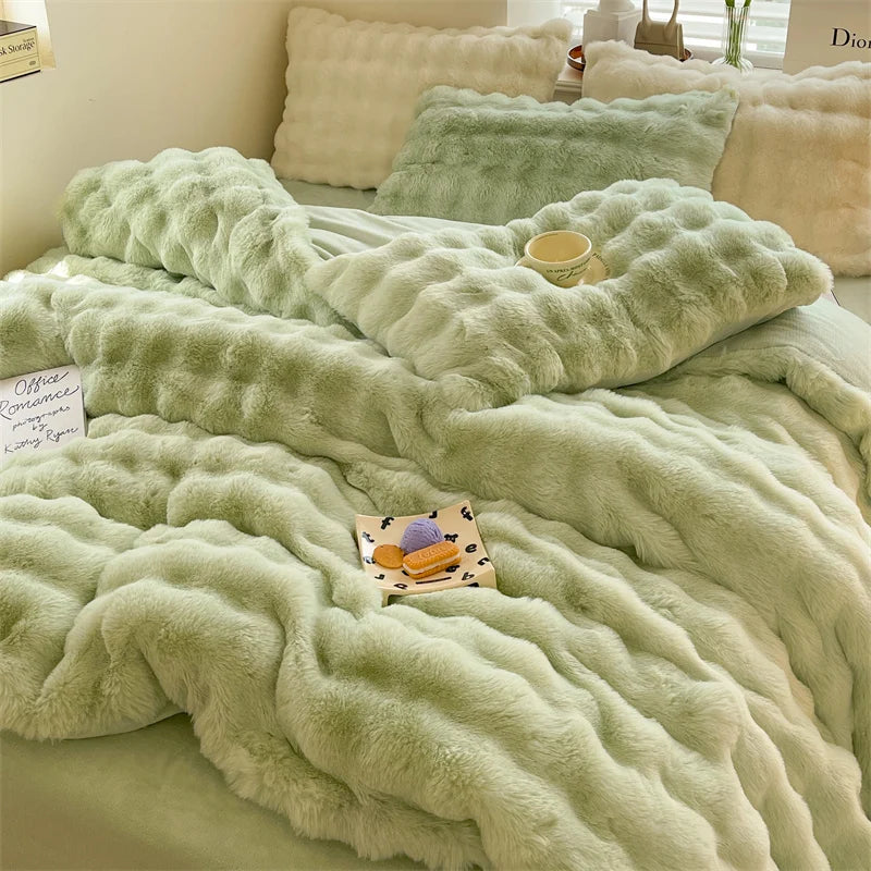 Luxury Faux Rabbit Fur Velvet Fleece Plush Soft Warm Bedding Set Super Comfortable Duvet Cover Set Blanket Bed Sheet Pillowcases