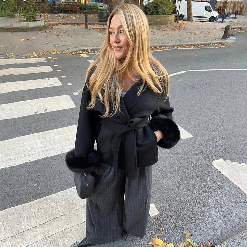 TARUXY Fuchspelz-Wollmäntel für Damen, kurzer Mantel, Bürodame, abnehmbarer, eleganter doppelseitiger Wollmantel, 2025, neue Strickjacke.