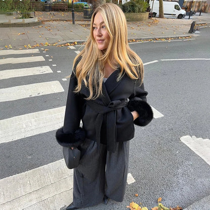 TARUXY Fuchspelz-Wollmäntel für Damen, kurzer Mantel, Bürodame, abnehmbarer, eleganter doppelseitiger Wollmantel, 2025, neue Strickjacke.