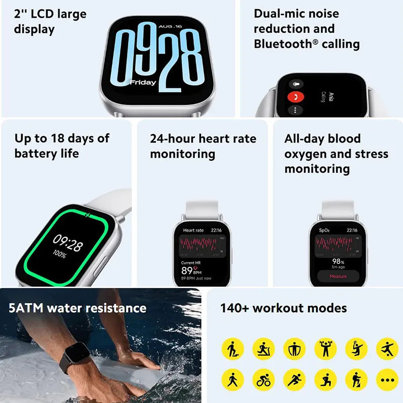 Xiaomi Redmi Watch 5 Active Smart Watch, Bluetooth Call, 2" LCD Display, All Day Heart Rate Blood Oxygen Monitoring Smartwatch.