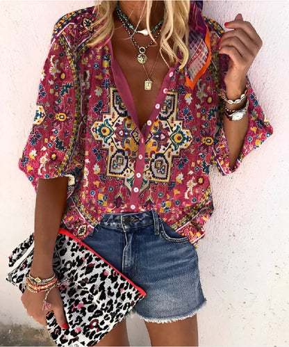 2024 New Women's Shirts & Blouses Fashion Vintage Printed Casual Vacation Bohemian Style Lady Single-breasted Shirt Streetwear