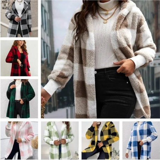 Frauen Herbst Winter Doppel Fleece Plaid Strickjacke Weiche Lose Lange Hülse Plüsch Warme Mit Kapuze Jacke Weibliche Patchwork Oberbekleidung Mantel