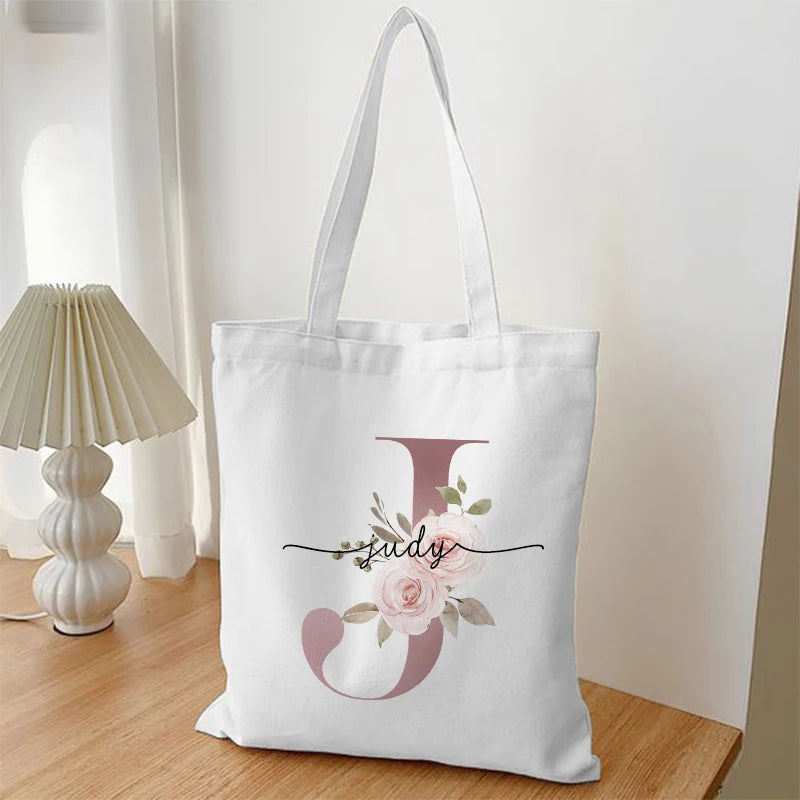 Custom Name White Canvas Tote Bag Large Capacity Foldable Supermarket Shopping Bag for Women Shopper Personalized Handbags.
