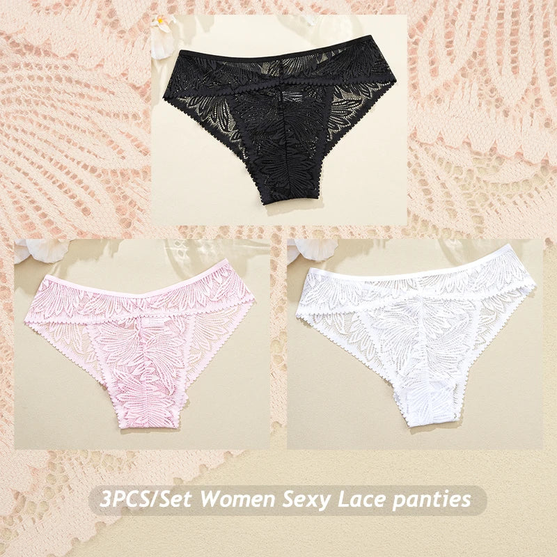 3PCS/Set Women Lace Panties Sexy Low Riase Elastic Brifes Solid Color Perspective Breathable Underwear Ladeis Sexy Lingerie