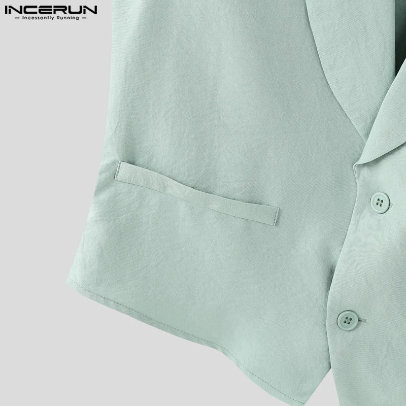 INCERUN Summer Men's Sets Solid Color Sleeveless Tops Tee Buttons Summer Long Pants Male Two-piece Suits Streetwear 2PCS S-5XL